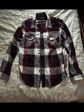 Plaid Button-Up Shirt in Burgundy, Black & White